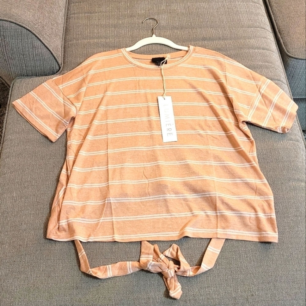 Urban Outfitters Lumiere Light Brown White Striped Top Blouse with Back Tie